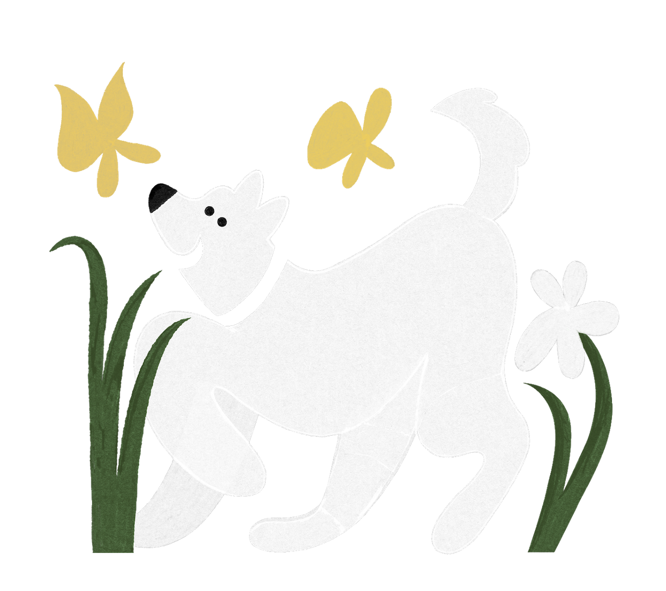 Illustration of Stevie playing among grass, a white flower, and two gold butterflies
